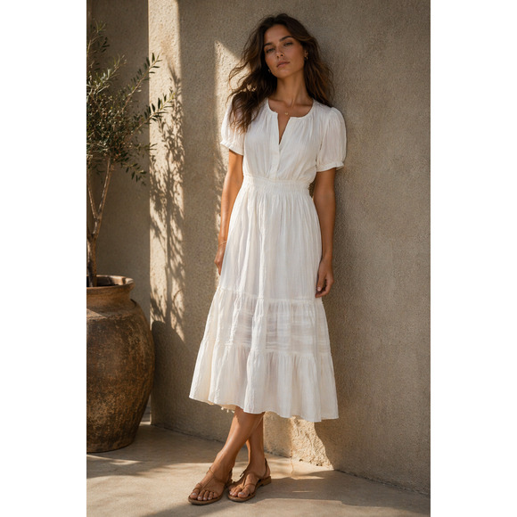 BTFBM Dresses & Skirts - BTFBM White Cotton Midi Dress Puff Sleeve Smocked Waist Cottagecore S